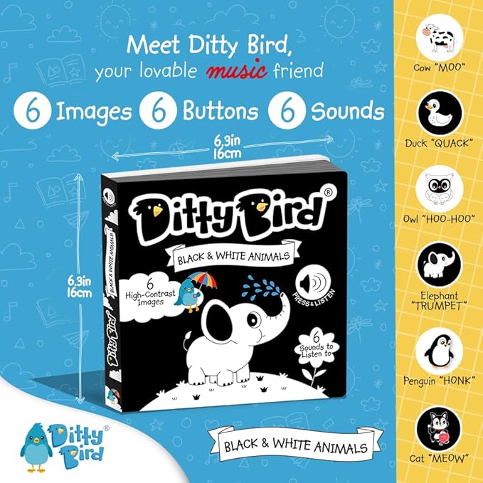 Ditty Bird | Interactive Sensory White and Black Sound book for babies 6 - 18 months | Infant books for Tummy time