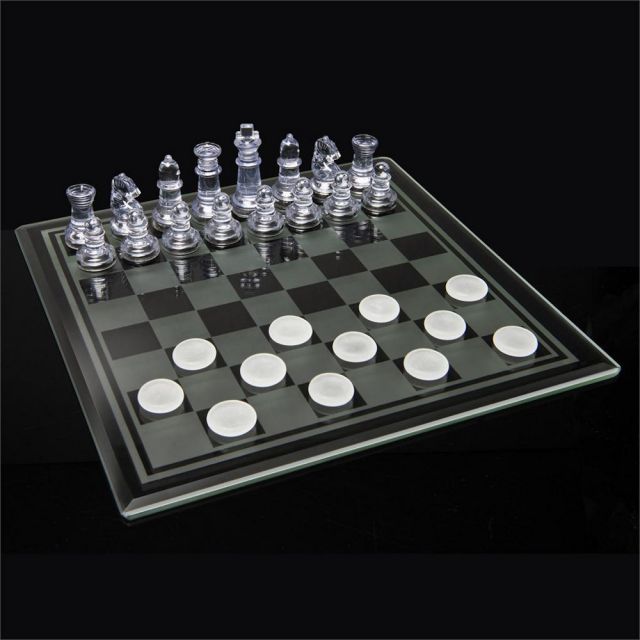 Clear Chess And Checkers Set With Glass Gameboard