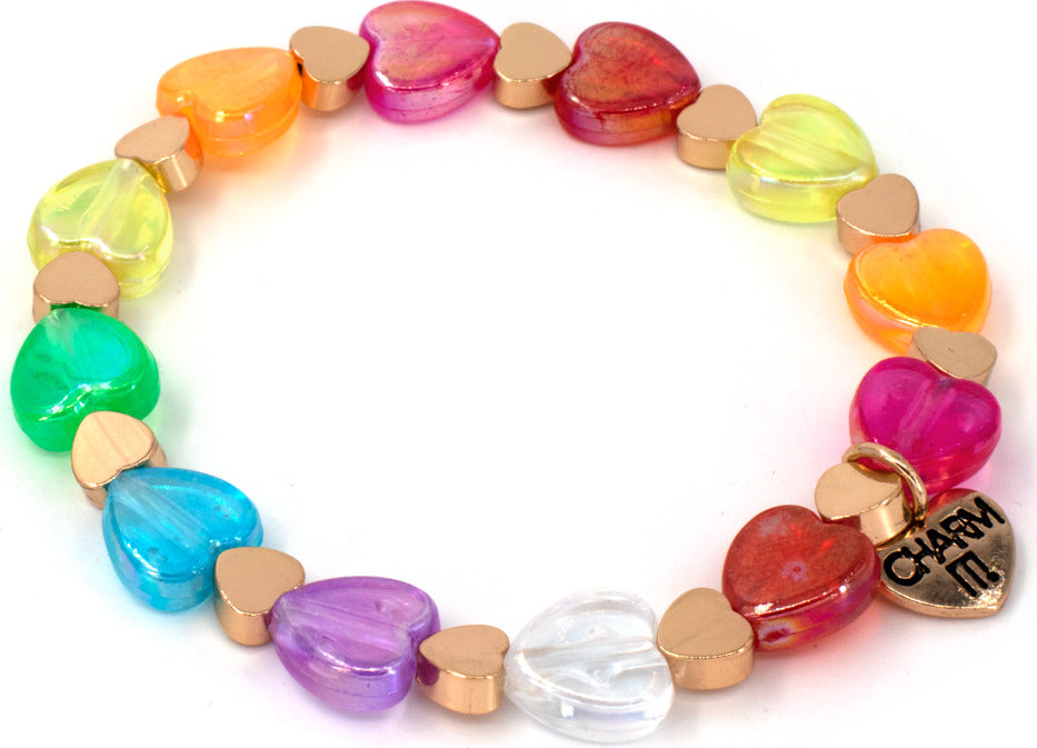 Gold Rainbow Heart Bead Stretch Bracelet