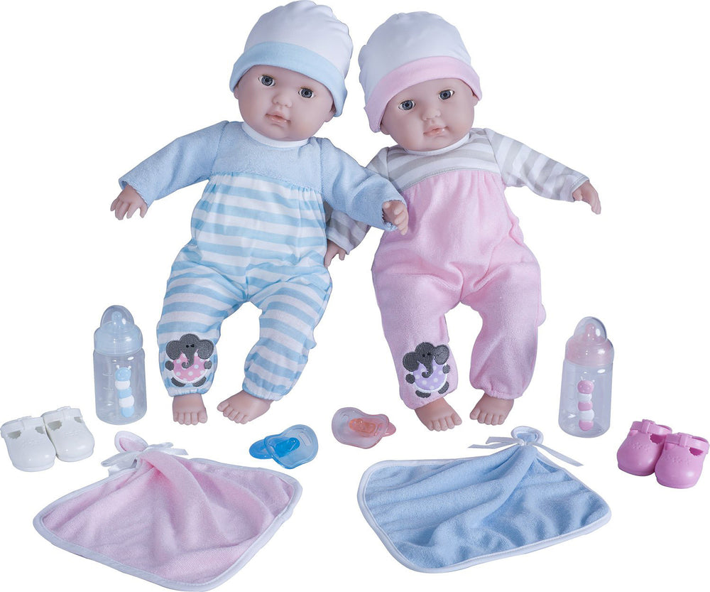 JC Toys 15" Soft Body Berenguer Boutique Baby Doll Boy and Girl TWINS- 10 Piece Gift Set, Open/Close Eyes