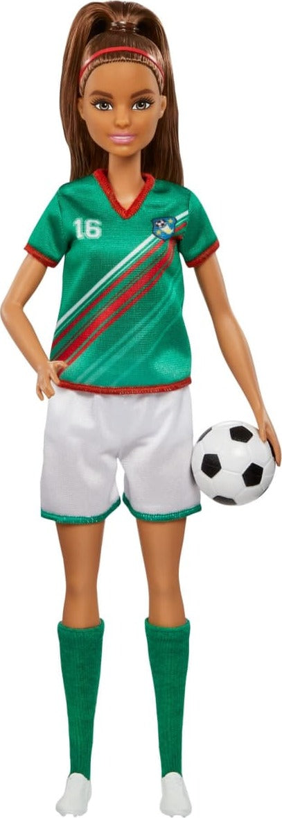 Barbie Soccer Doll, Brunette, #16 Uniform, Soccer Ball, Cleats, Socks, 3 & Up