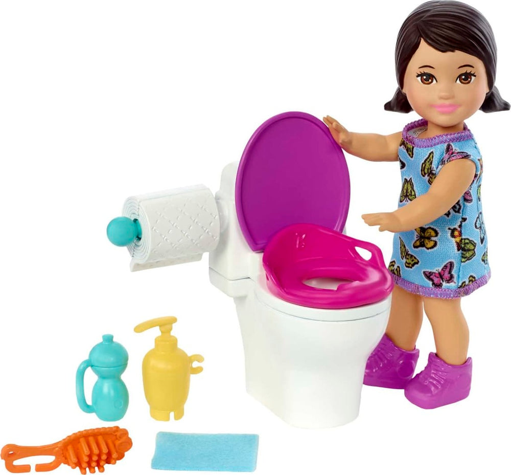 Barbie Small Doll and Accessories, Babysitters Inc. Set with Toilet and 5 Pieces