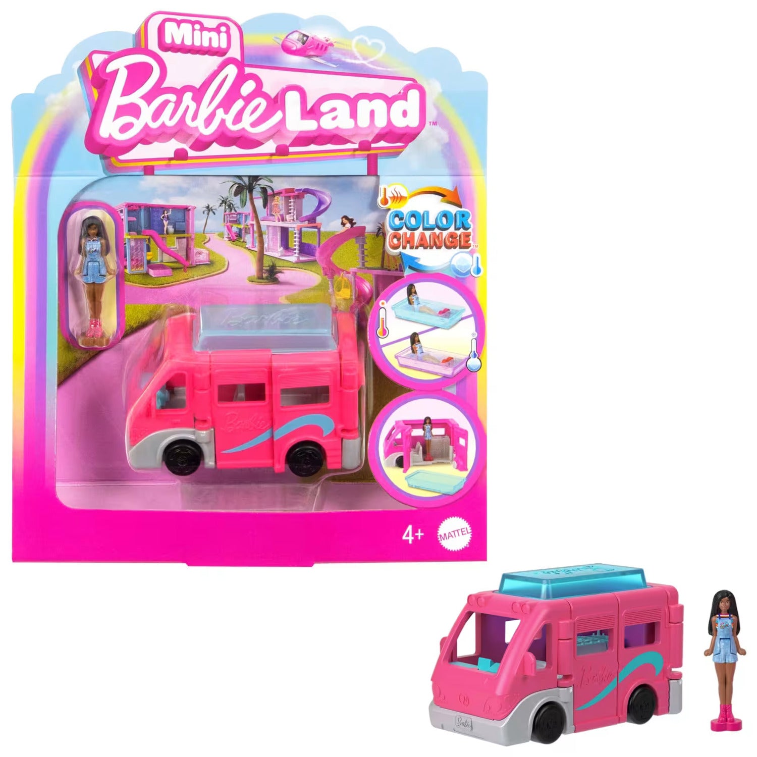 Barbie Mini Barbieland Doll & Vehicle Set with 1.5-Inch Doll & Dreamcamper with Color-Change Pool