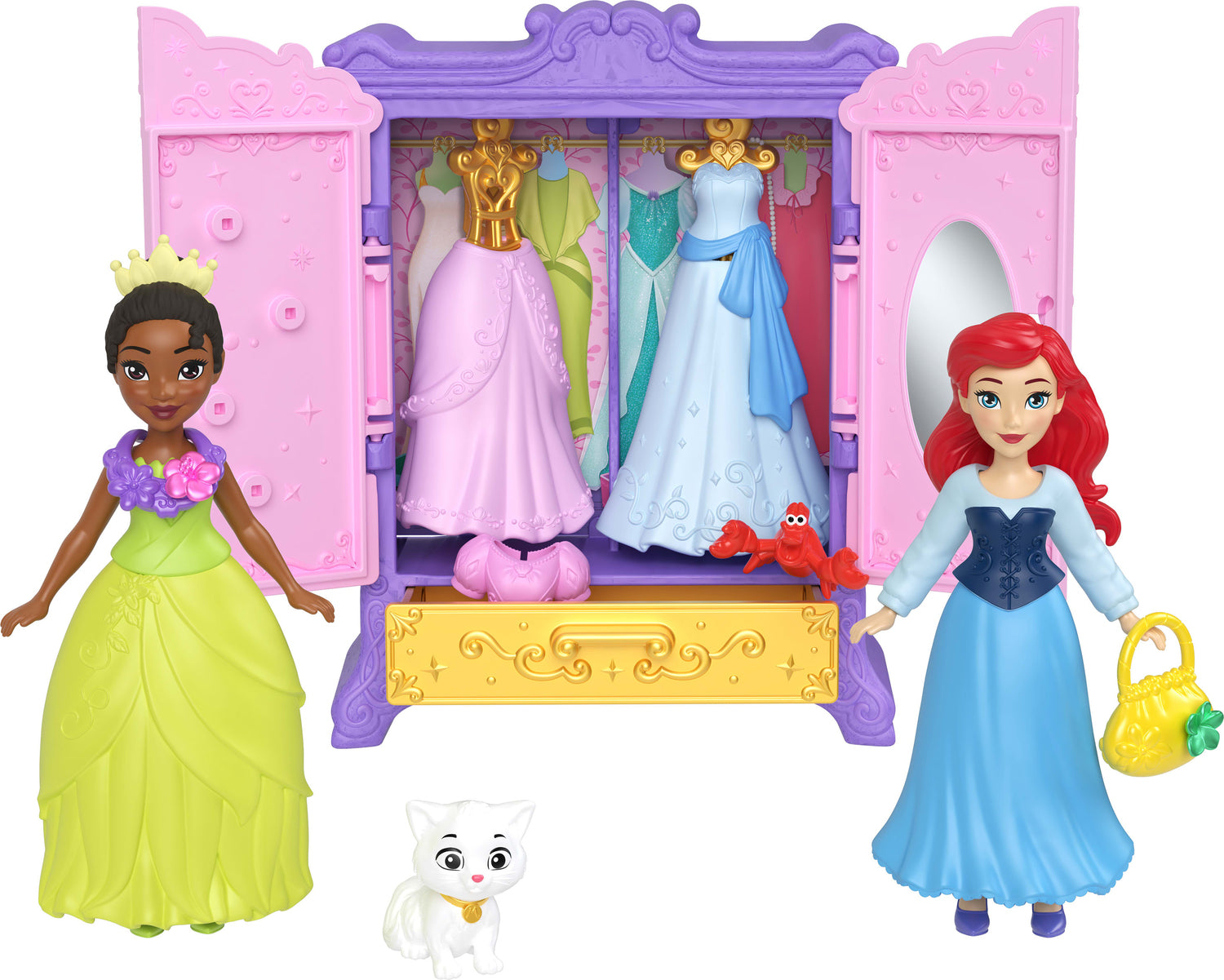 Disney Princess Royal Wardrobe Set with Ariel & Tiana Small Dolls, 4 Fashions, 2 Animals & 4 Accy