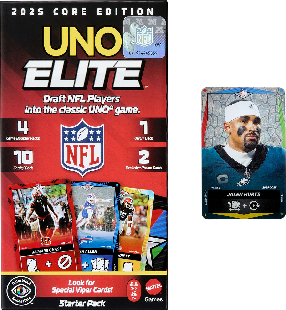  UNO Elite NFL Card Game 2025 Core Edition Starter Set with Deck, 4 Game Booster Packs & 2 Promo Cards