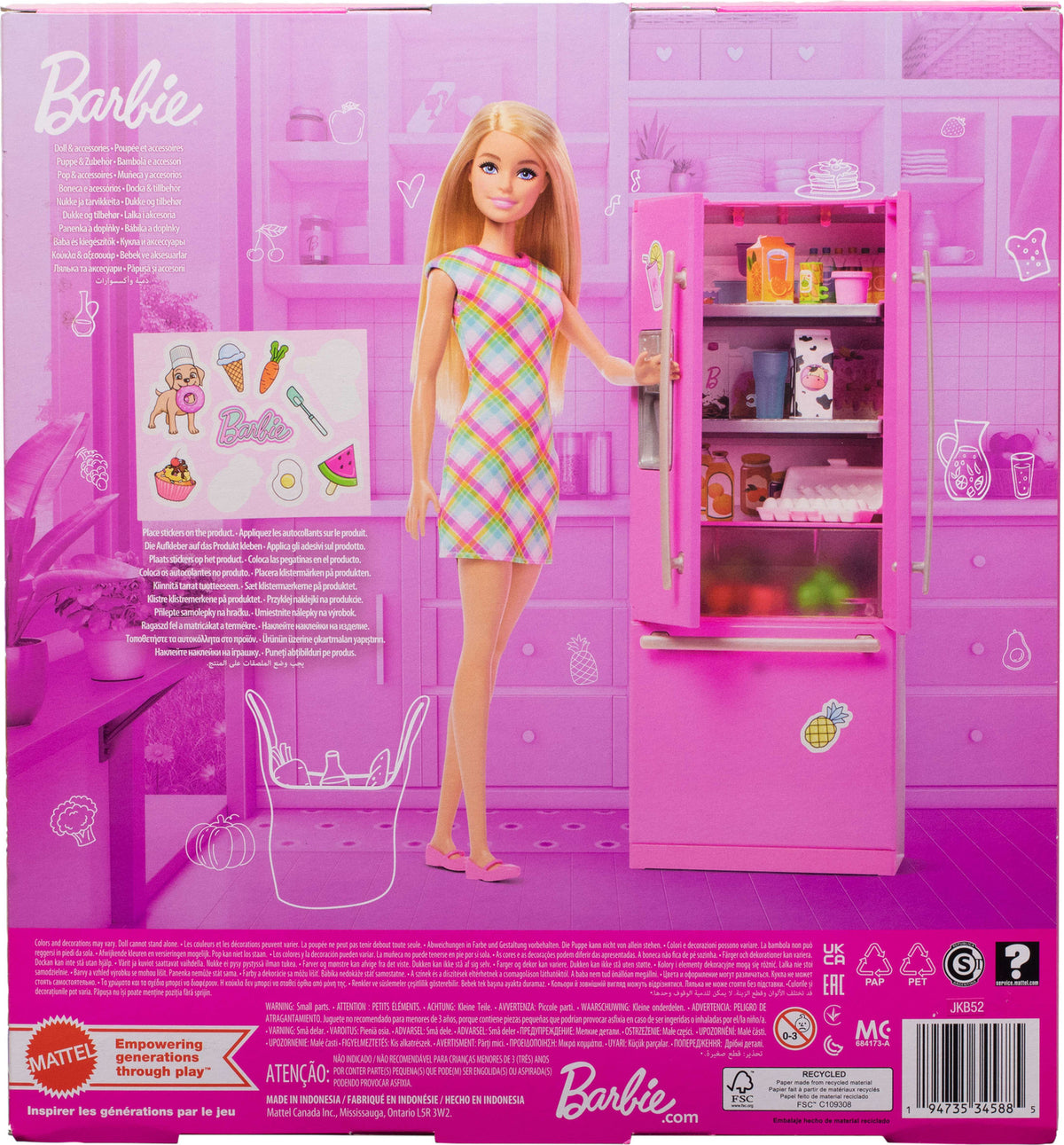 Barbie Doll & Kitchen Playset with Refrigerator & 10 Accessories Including Food, Plus Stickers