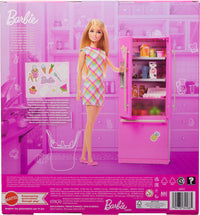 Barbie Doll & Kitchen Playset with Refrigerator & 10 Accessories Including Food, Plus Stickers