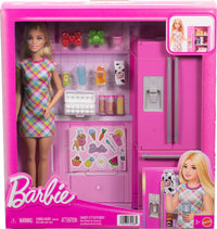 Barbie Doll & Kitchen Playset with Refrigerator & 10 Accessories Including Food, Plus Stickers