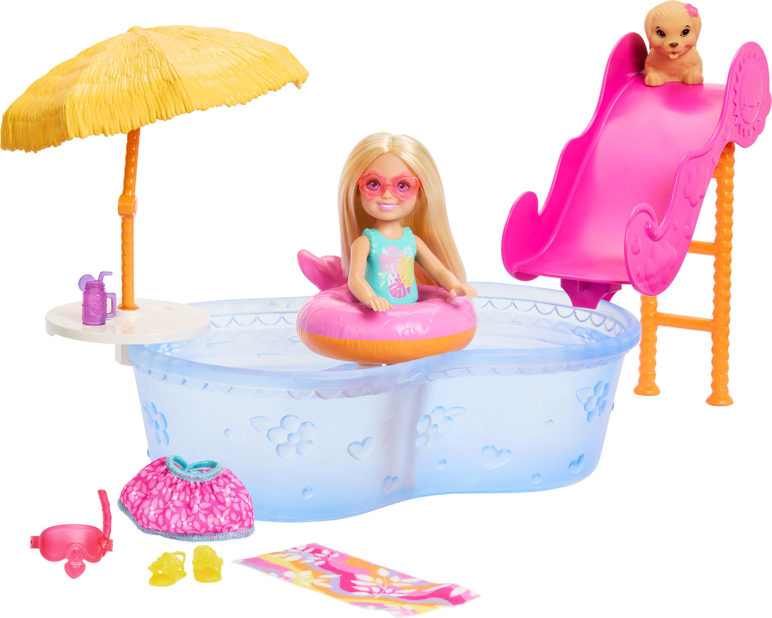 Barbie Summer Vacation Chelsea Pool Party Playset, Small Doll and Pool with Waterslide and Accessories