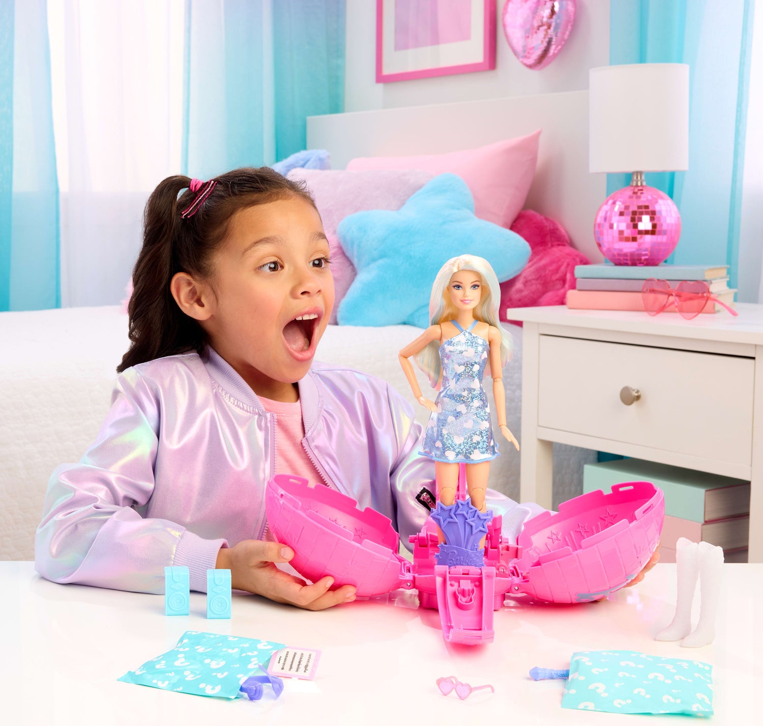 Barbie Team Roll and Reveal Pop Star Doll and Accessories with Blonde Fashion Doll, 8 Surprises s & Disco Ball Encasement