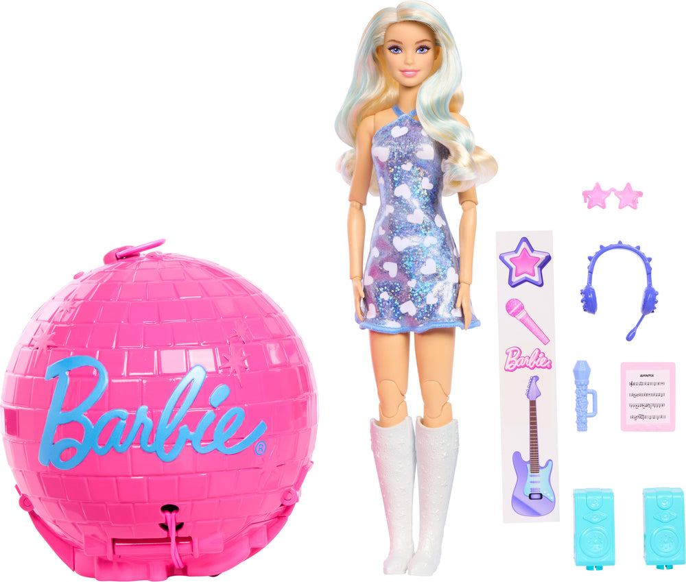 Barbie Team Roll and Reveal Pop Star Doll and Accessories with Blonde Fashion Doll, 8 Surprises s & Disco Ball Encasement