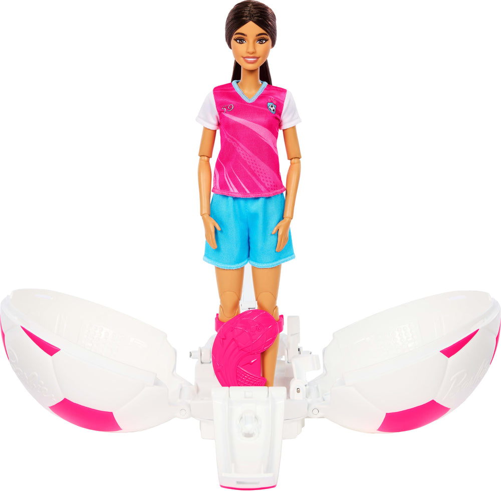 Barbie Team Roll and Reveal Soccer Player Doll and Accessories with Brunette Fashion Doll, 8 Surprises & Soccer Ball Encasement
