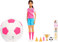 Barbie Team Roll and Reveal Soccer Player Doll and Accessories with Brunette Fashion Doll, 8 Surprises & Soccer Ball Encasement