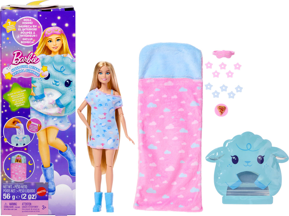 Barbie Party Unboxed Sleepover Reveal Series Blue Pajama Doll & Accessories with 7 Surprises