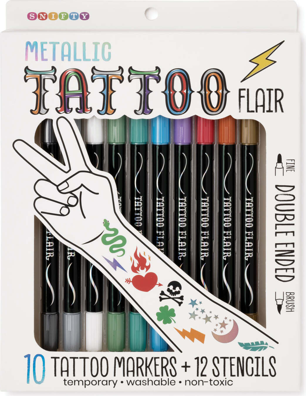 Metallic Tattoo Flair 10 Tattoo Markers + 12 Stencils