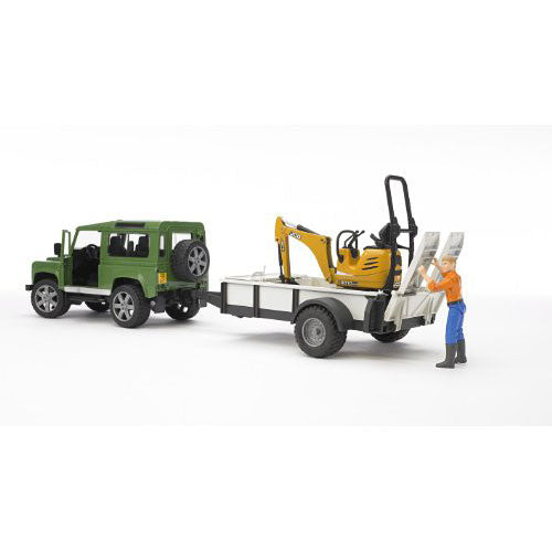 Land Rover Defender with trailer, JCB excavator and man