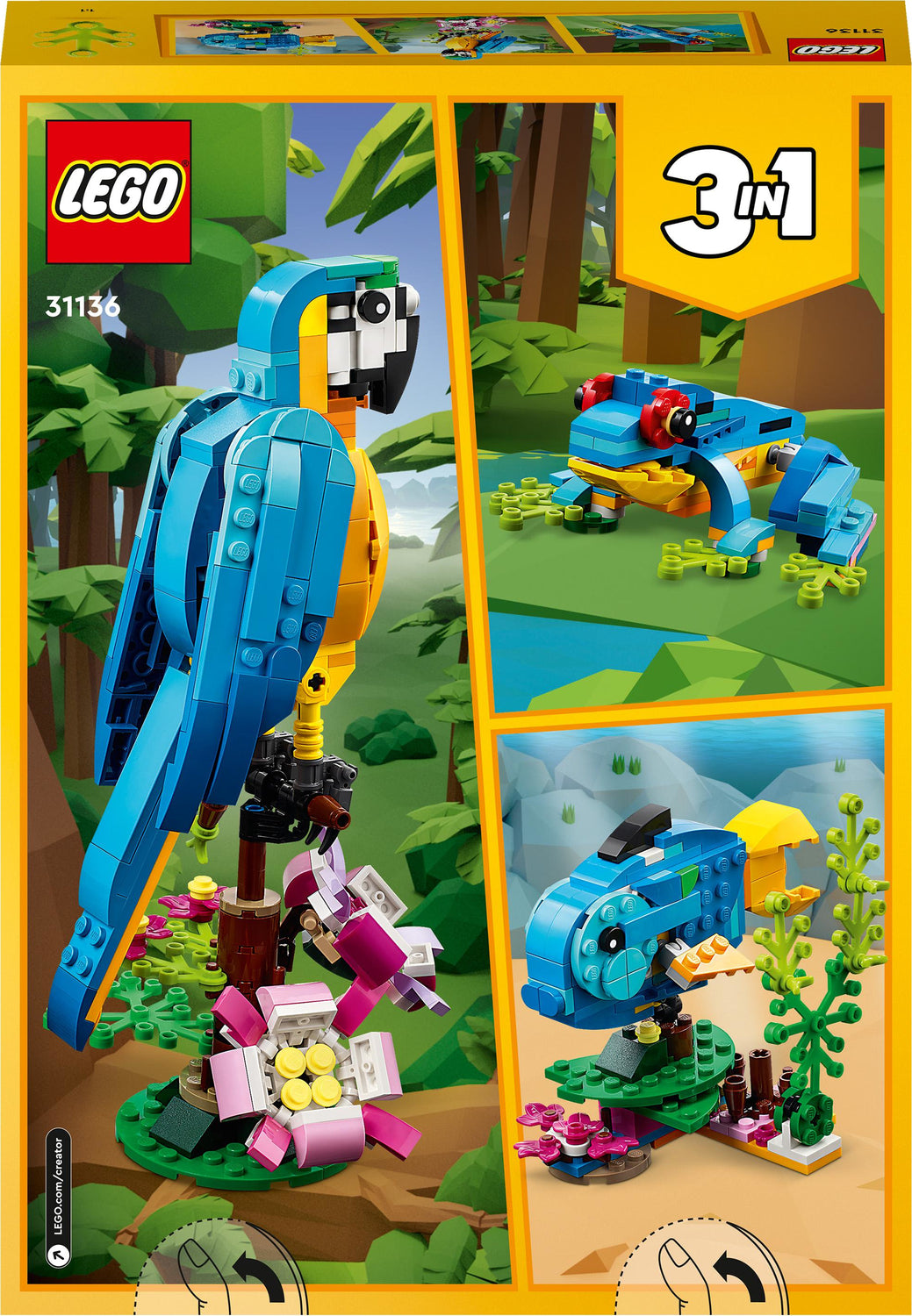 253 pieces, LEGO Creator 3 in 1 Exotic Parrot to Frog to Fish